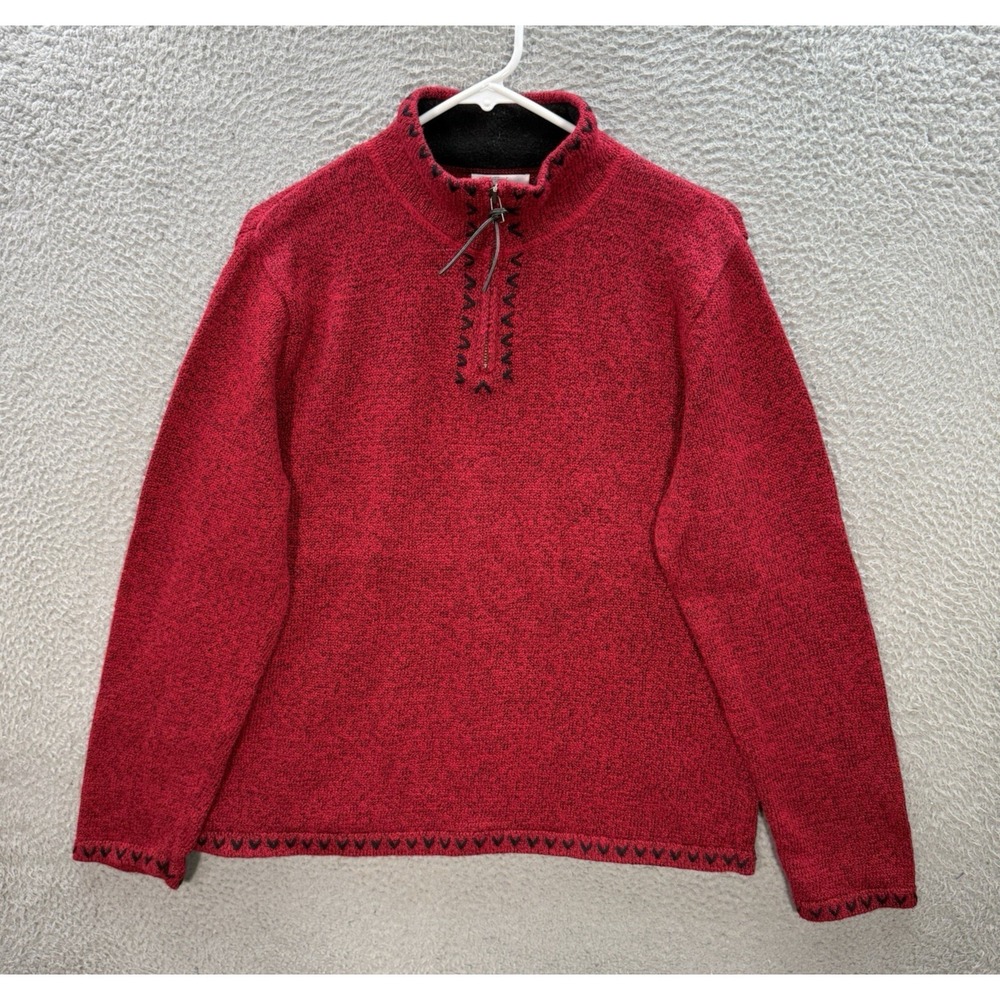 Christopher & Banks‎ Sweater Womens XL Red Black Knit Hand Embroidered 1/4 Zip